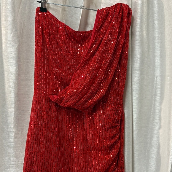Shein Red Sequin One Shoulder Ruched Bodycon Mini Dress size L - Picture 6 of 11